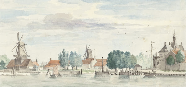 Gezicht op Dordrecht met de Rietdijkspoort en windmolens 1744
