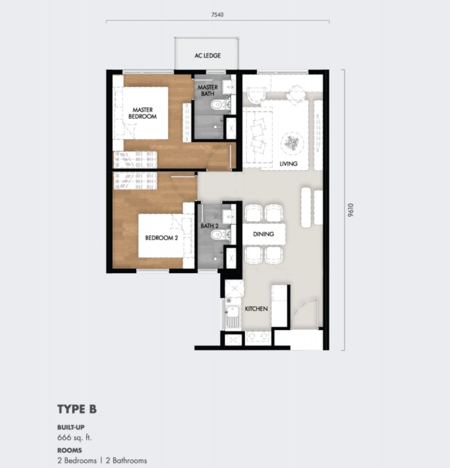 Tujuh Residences Type B floor plan — 730 sq ft, 2 bedrooms