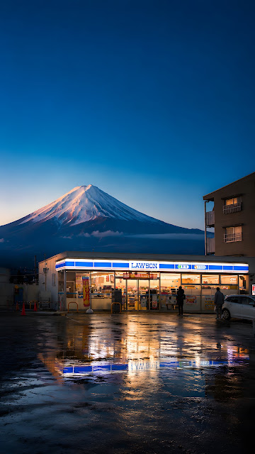 Illuminated Japanese convenience store in foreground with massive snowcapped Mount Fuji mountain under deep blue twilight sky.