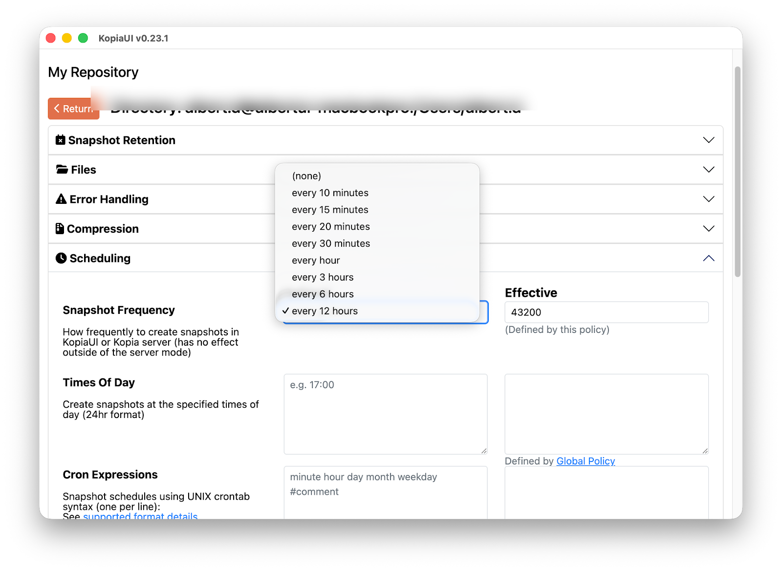 KopiaUI automatic backup scheduling screen