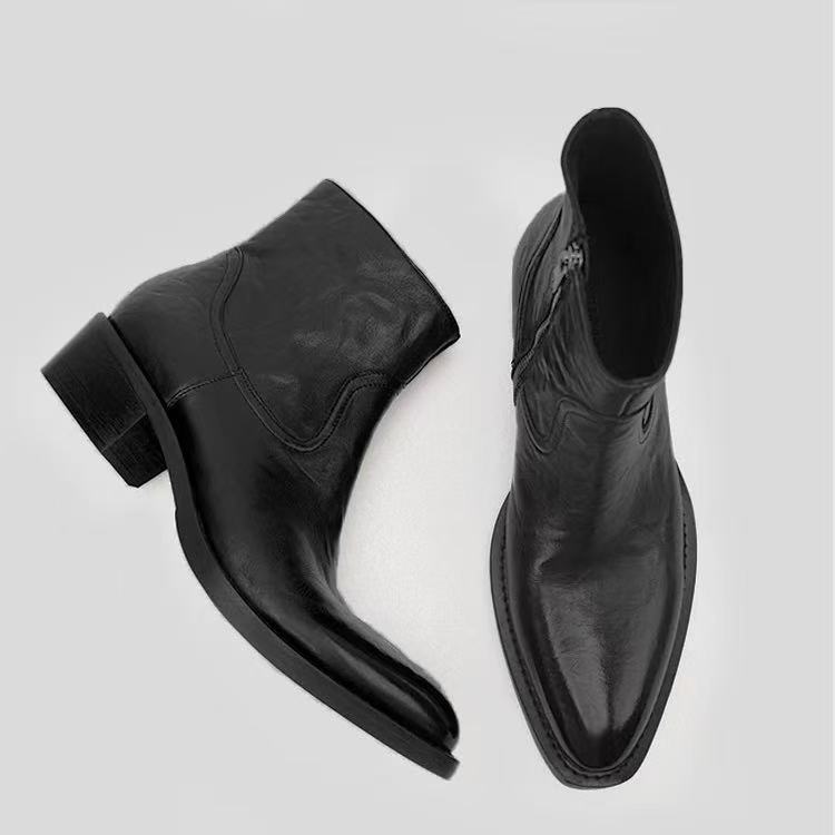 Vintage-Leder-Stiefeletten mit Blockabsatz