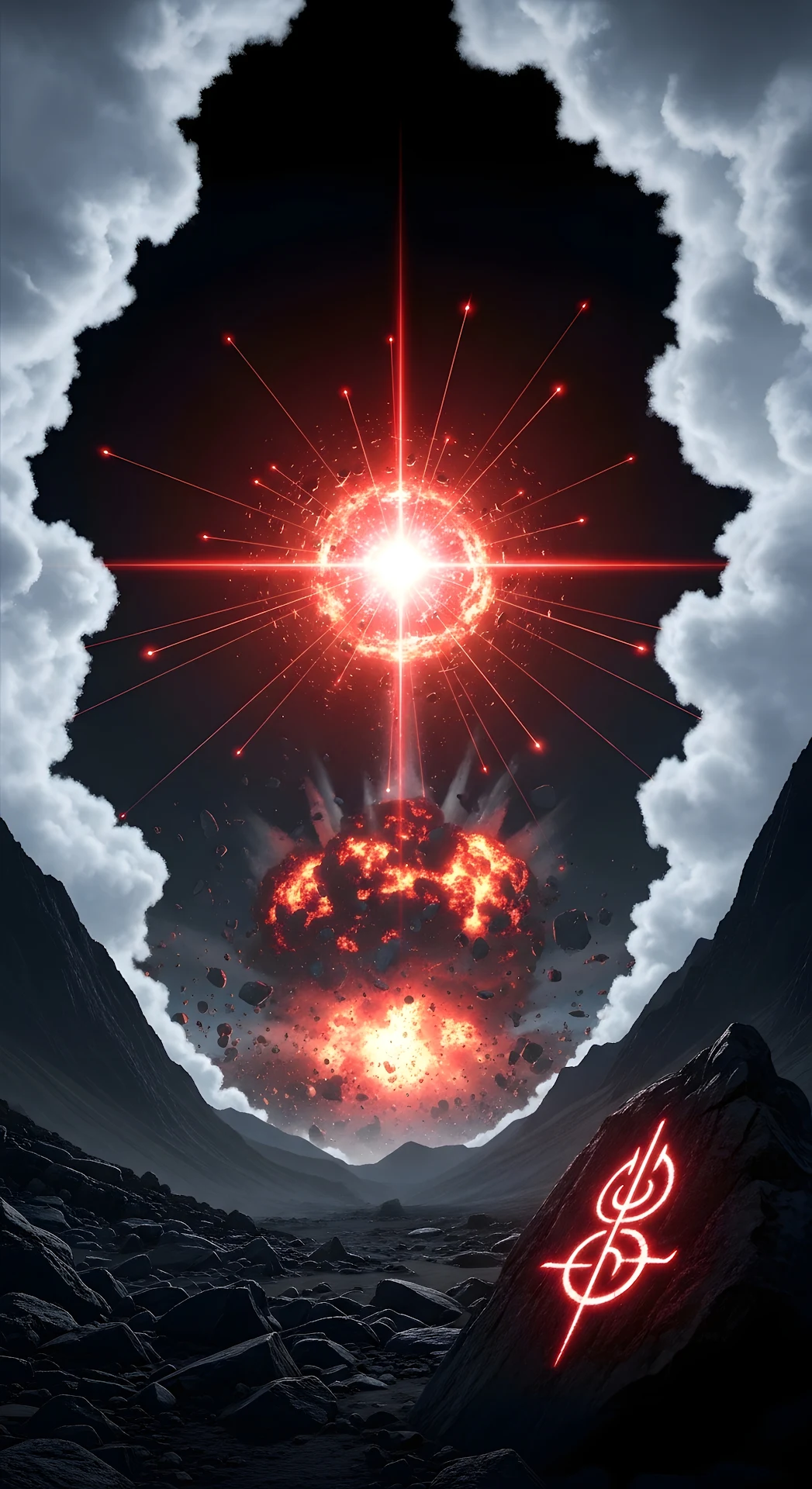 Apocalyptic Red Explosion Over a Dark Mountain Valley - Free 4K mobile Wallpaper