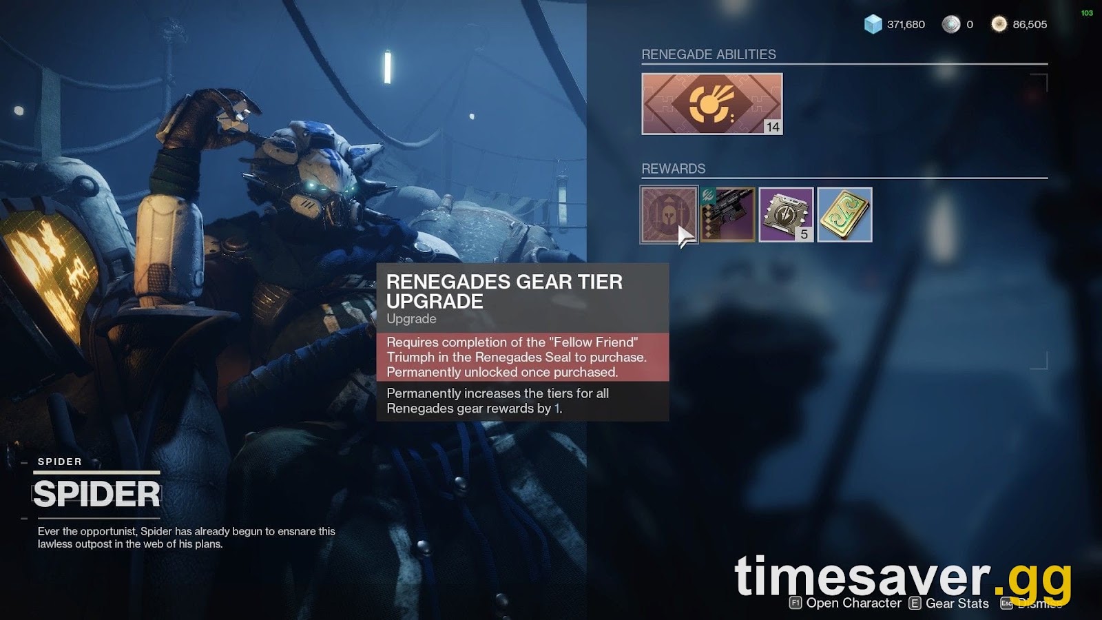 The Renegades Outpost vendor screen in Destiny 2 where Spider sells the Gear Tier Upgrade that raises Lawless Frontier loot drops by one tier