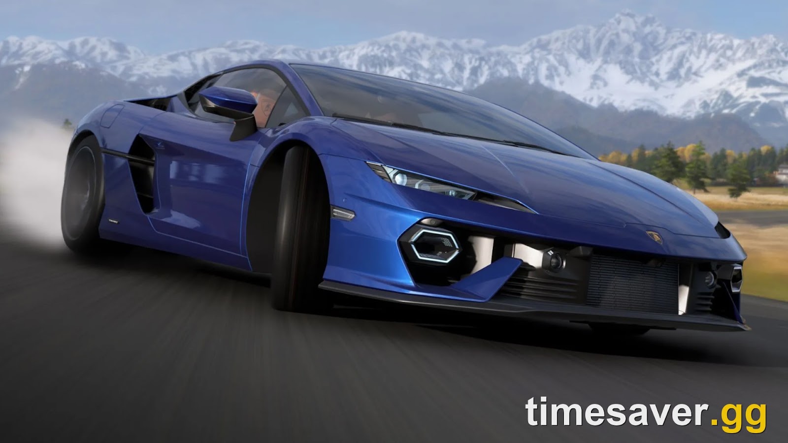 The Lamborghini Temerario drifting at speed in Forza Horizon 6, showing its twin-turbo V8 hybrid hypercar performance