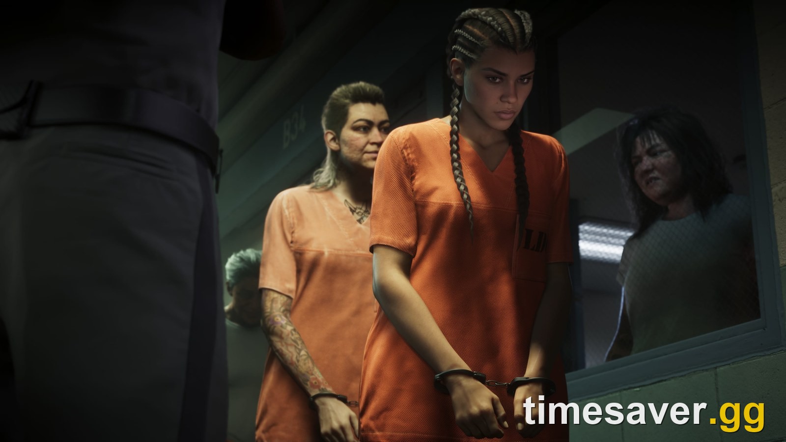 Official GTA 6 screenshot of Lucia Caminos handcuffed in an orange prison jumpsuit next to other inmates