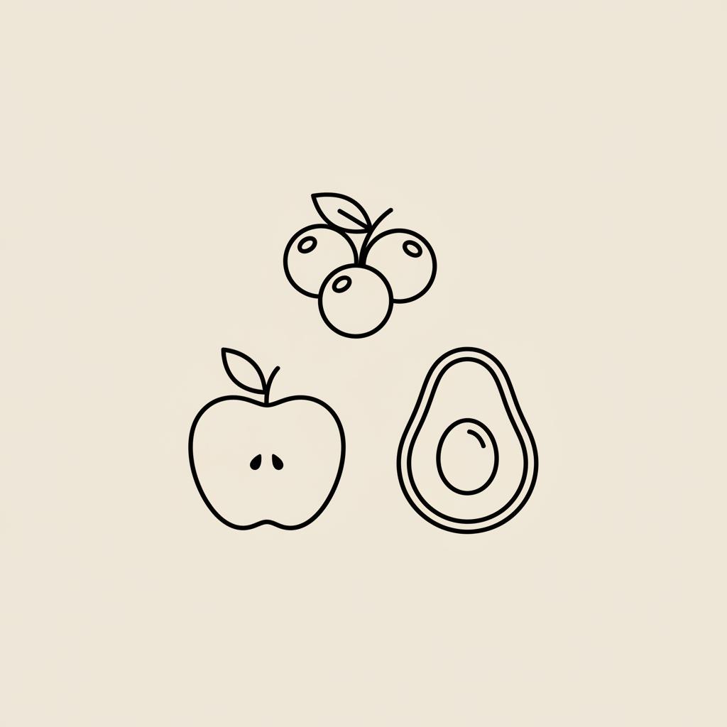 Minimal Tonum-style line art of a berry cluster, sliced apple, and half avocado on beige background — best fruits for blood sugar