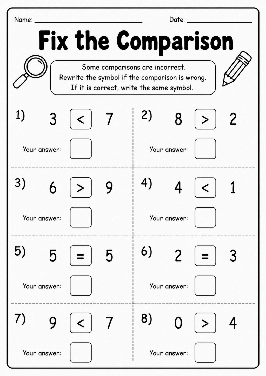 Fix the Comparison to 10 Worksheet
