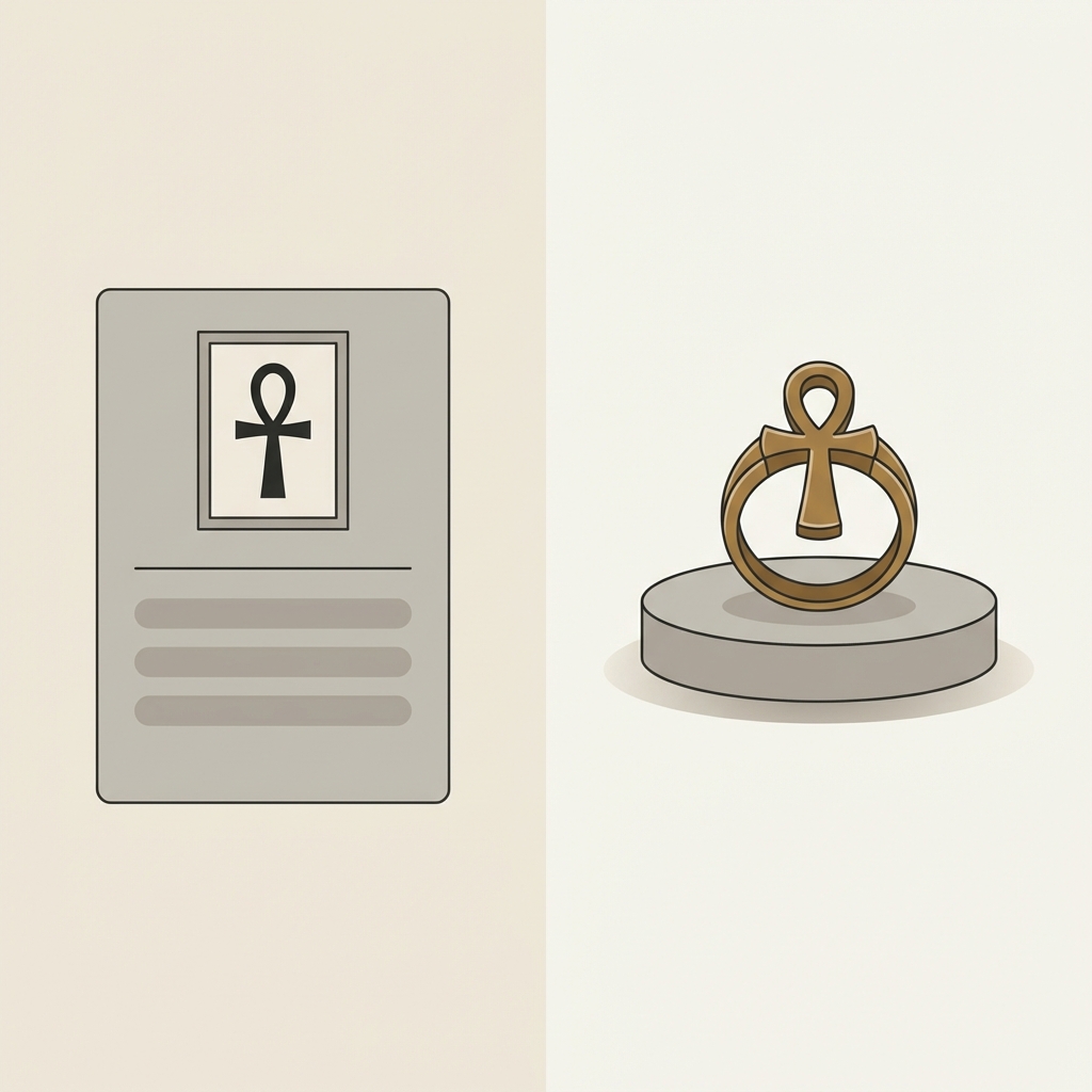 Minimalist 2D vector side by side comparison of a museum catalog card and a clean listing photo featuring an ankh ring on warm neutral background