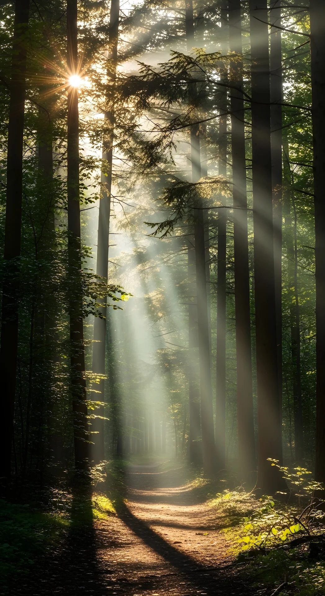 Forest Trail with Morning Sunlight Rays - Free 4K mobile Wallpaper