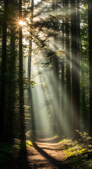 Forest Trail with Morning Sunlight Rays - Free mobile Wallpaper
