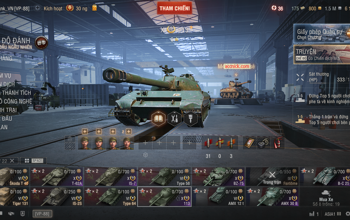 Acc World of Tanks PC sở hữu 6 tank X đa dạng BZ-75, 113, IS...