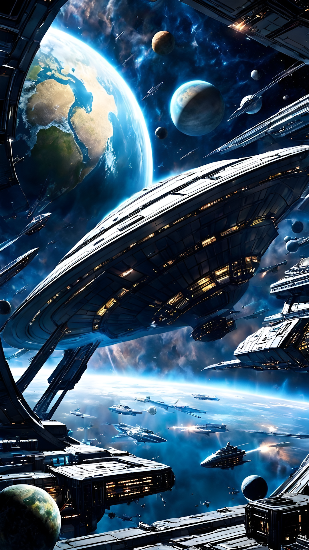 Massive Spaceship Fleet Docked Near Earth Orbit Battle - Free 4K mobile Wallpaper