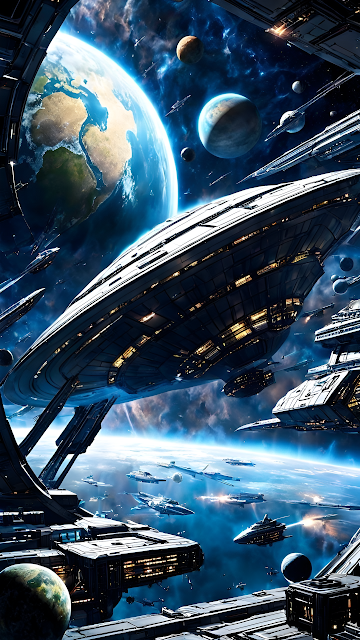 Massive Spaceship Fleet Docked Near Earth Orbit Battle - Free mobile Wallpaper