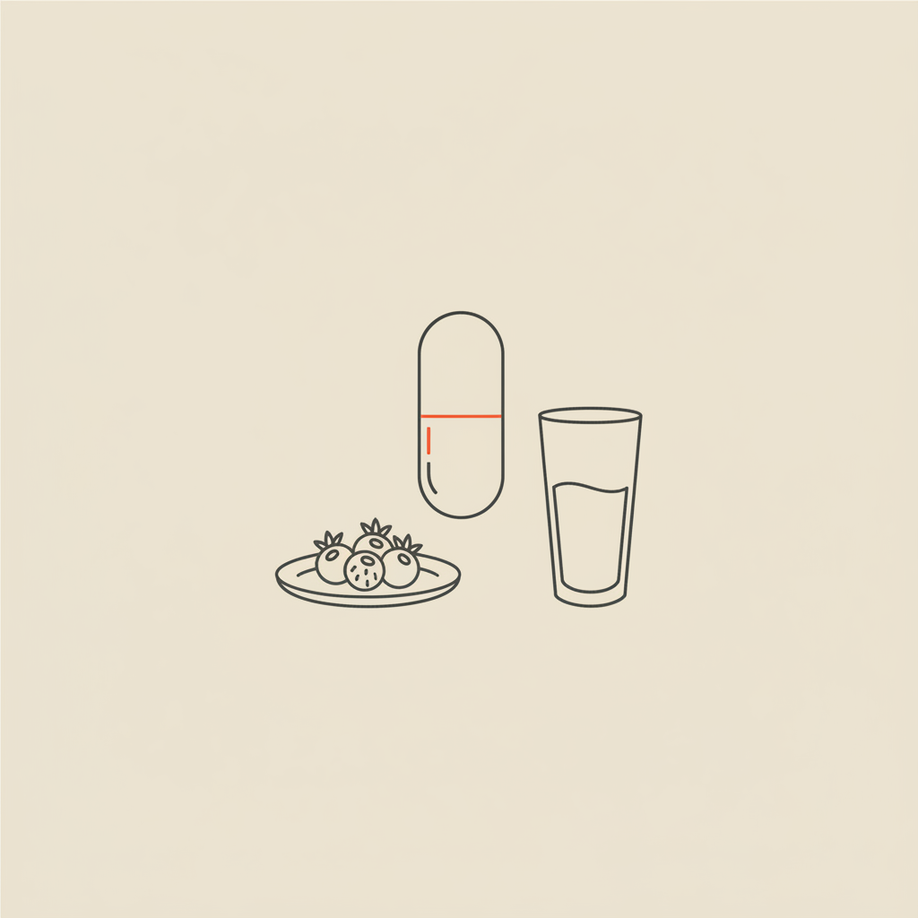 Minimal Tonum-style line illustration of a capsule, plate with berries, and a water glass on beige background for chromium for appetite control
