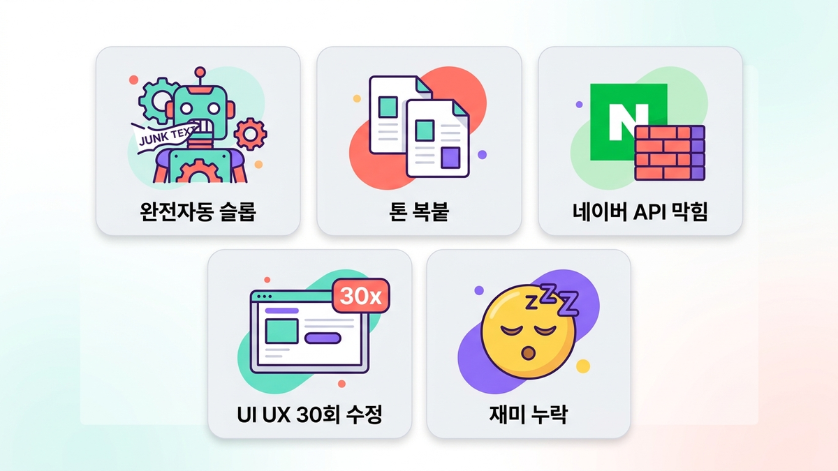 5가지 실패 — 완전자동슬롭 / 톤복붙 / 네이버 API 막힘 / UI UX 30회 수정 / 재미 누락