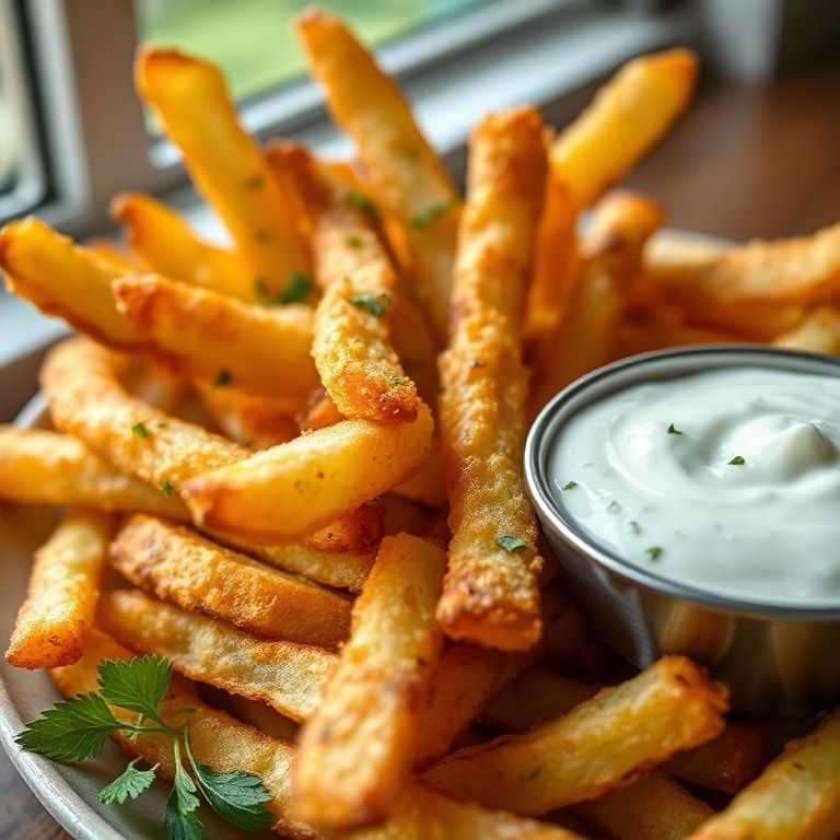 Crispy Homemade Fries with Easy Garlic Yogurt Dip – Quick & Crispy Delight finished