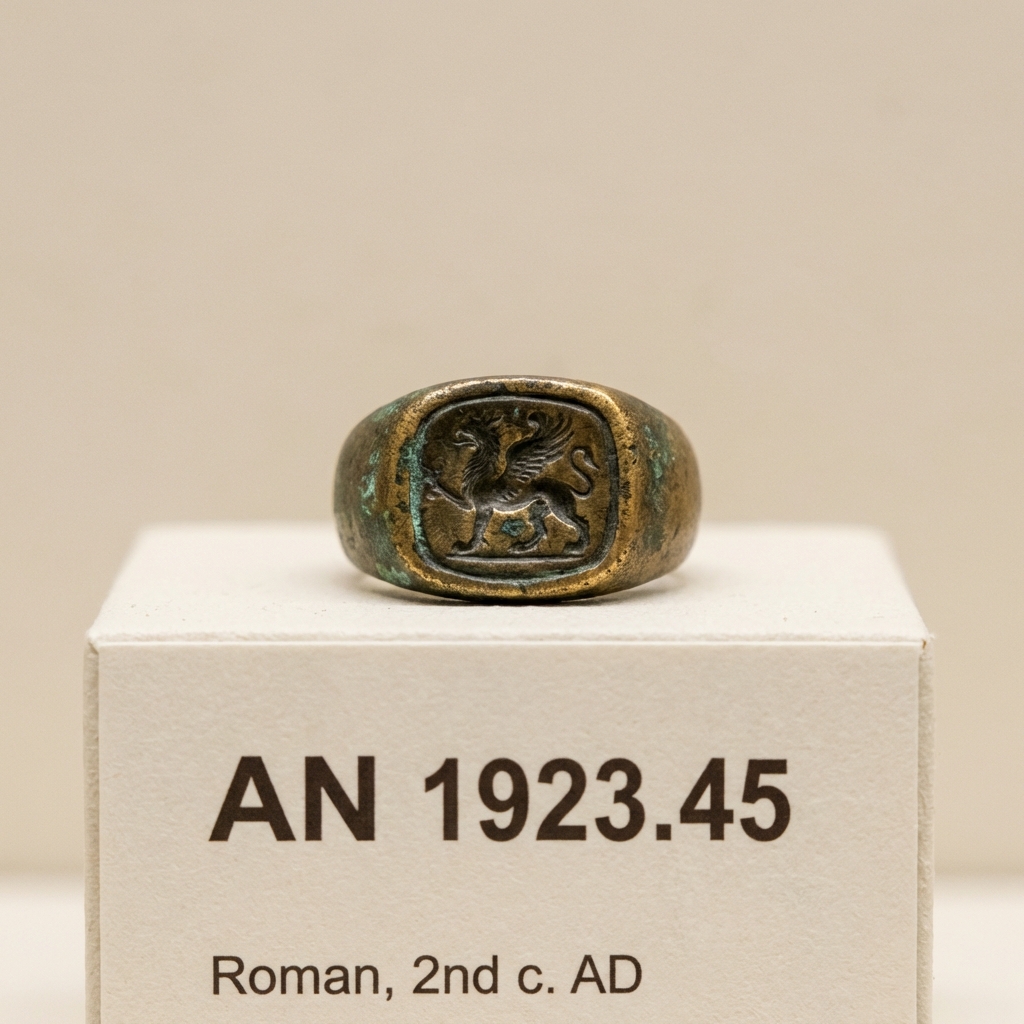 Close up photoreal detail of carved intaglio on a bronze ancient greek wedding rings resting on a museum label card with a short accession number minimalist cream background