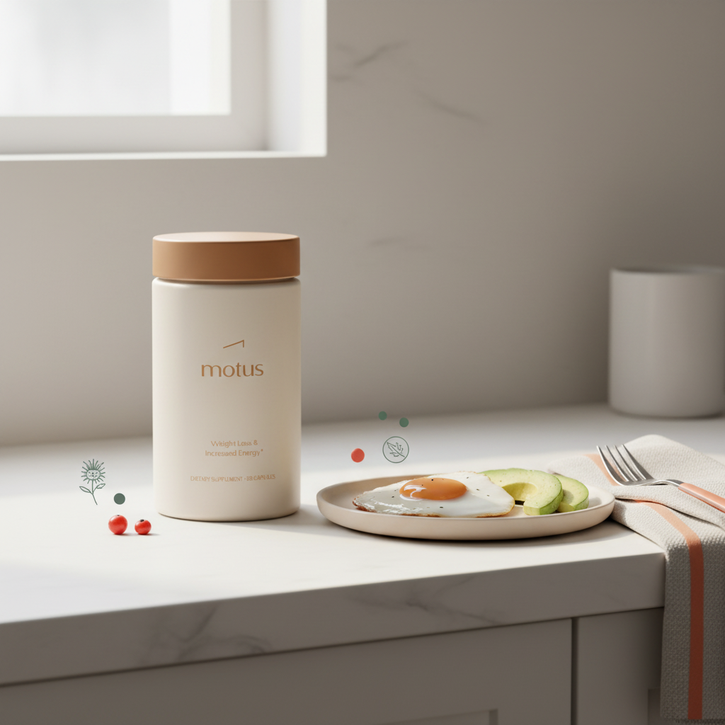 Tonum Motus supplement jar beside a protein-rich breakfast of eggs and avocado on a minimalist counter, promoting best fat burning workouts for women