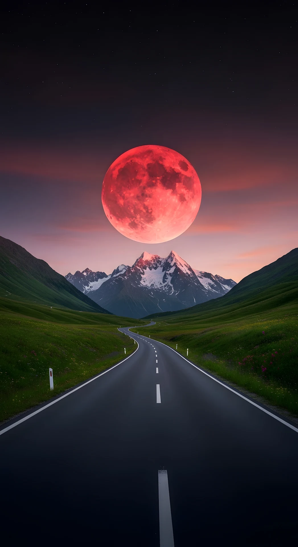 Blood Moon Over Winding Mountain Road and Green Valley - Free 4K mobile Wallpaper