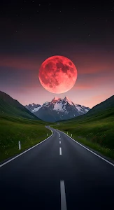 Blood Moon Over Winding Mountain Road and Green Valley