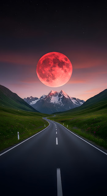 Blood Moon Over Winding Mountain Road and Green Valley - Free mobile Wallpaper