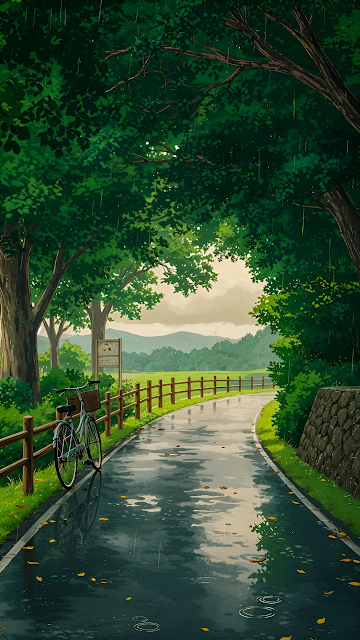 Rainy Day Country Road with Bicycle and Lush Green Forest Canopy - Free mobile Wallpaper