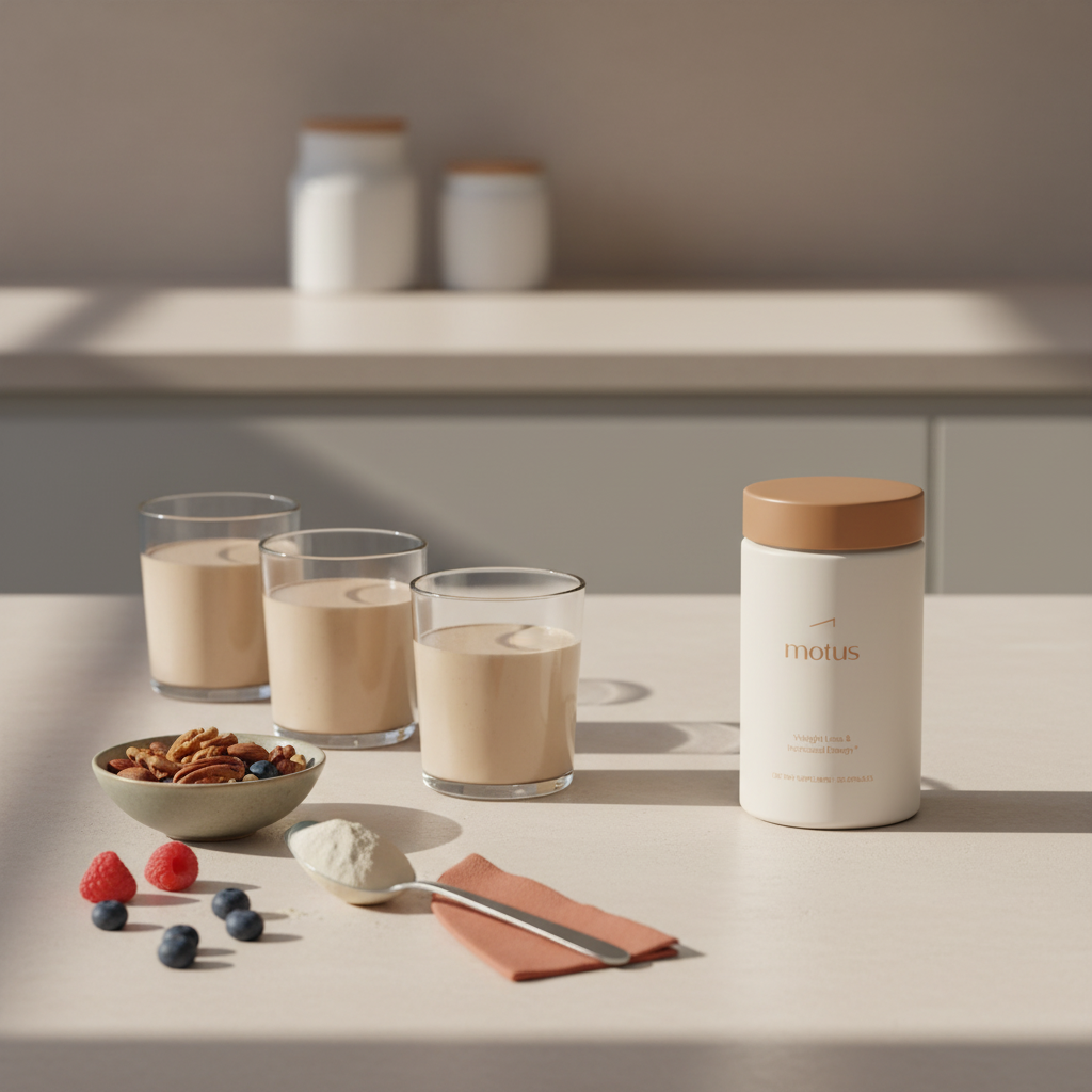 Three protein shakes a day with Tonum Motus supplement jar, spoon of protein powder, berries and mixed nuts on a minimalist tabletop with brand colors