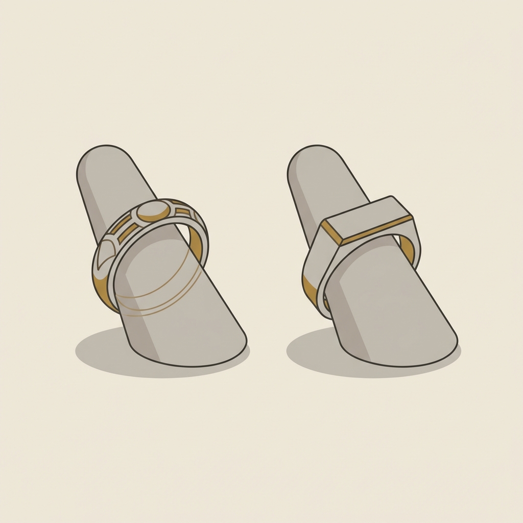 Minimalist 2D vector comparison of a rounded decorative band and a flat profile signet band on glove inspired stands to show scale Romans wear rings