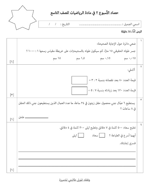 حصاد الأسبوع الثاني تطبيقات عملية على النسب والتناسب - رياضيات الصف 9 الفصل 2