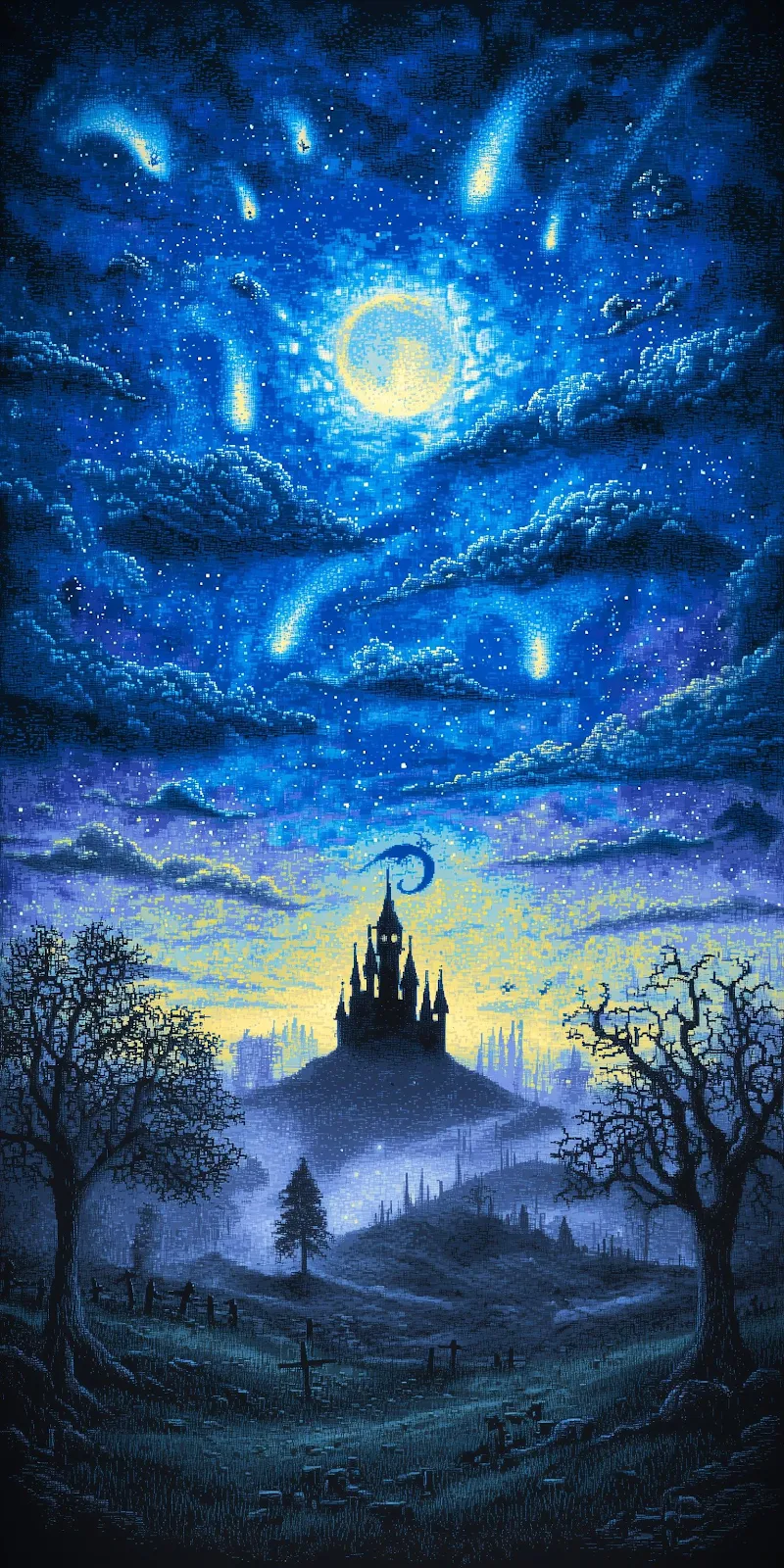 Dark Castle Under A Comet Sky - Dark Fantasy Illustration 2K iPhone Wallpaper (1536x3072)
