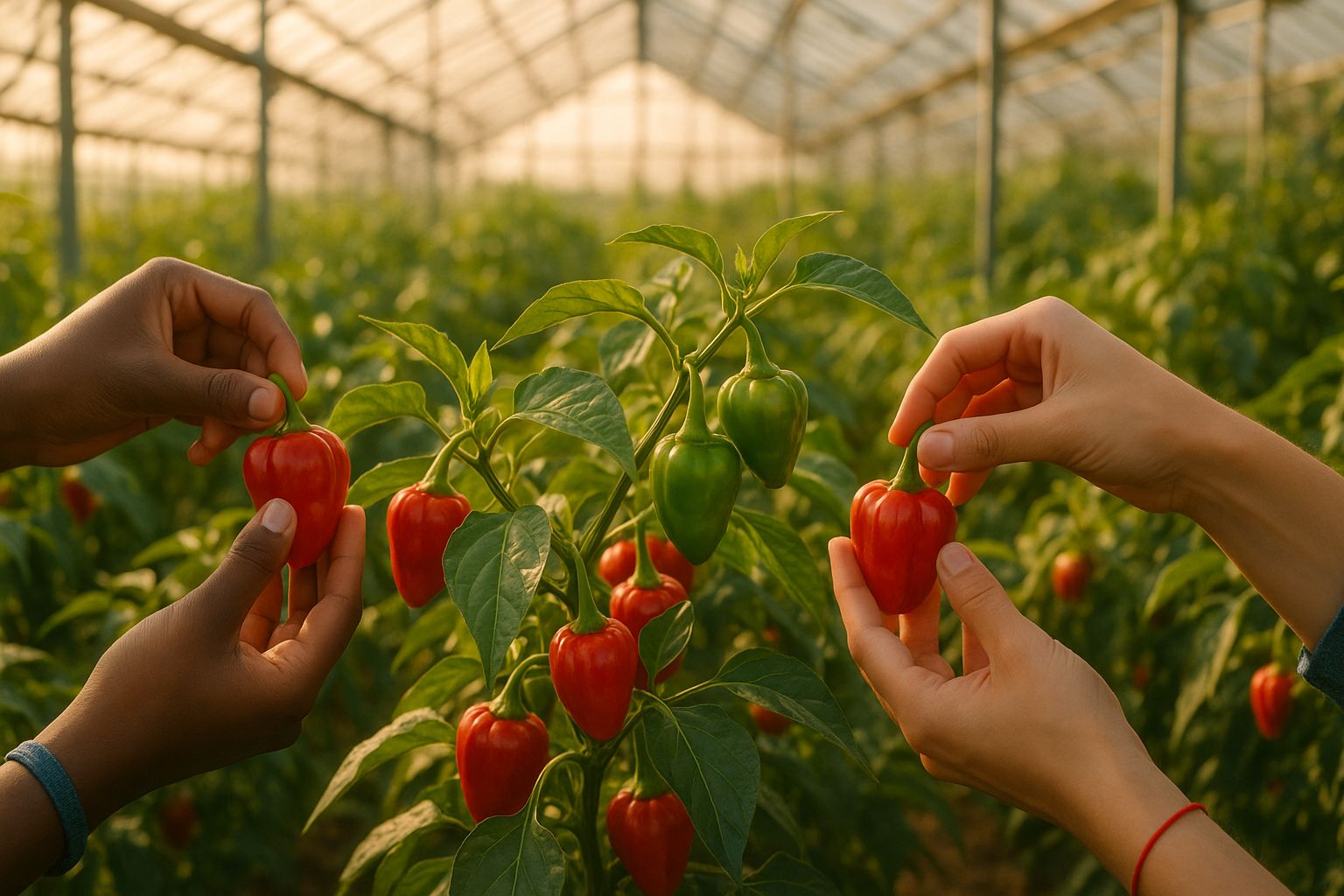 Manos cosechando ají dulce en un invernadero moderno