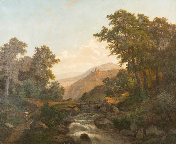 Romantic landscape with castle and wild stream