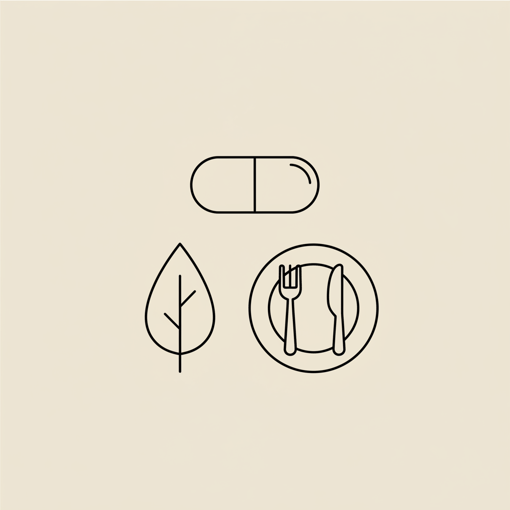 Tonum-style minimalist line illustration of a capsule, leaf and small plate with cutlery on beige background — what pills make you lose weight quickly?
