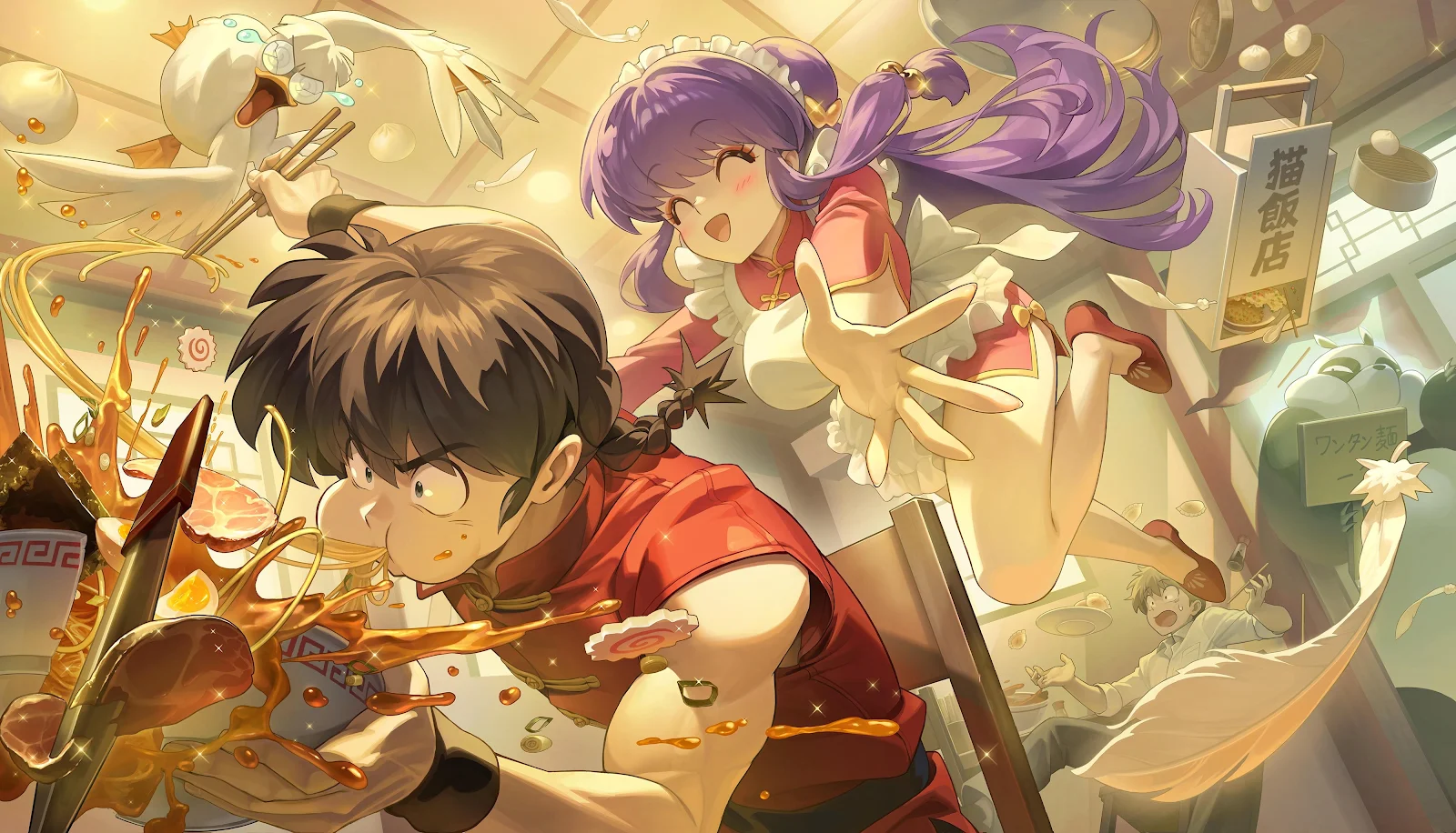 Ranma And Shampoo Cat Cafe Chaos - Anime Digital Illustration 4K Wallpaper (4000x2289)