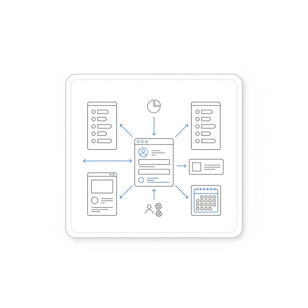 Minimal 2D vector notebook sketch of social assets grid (vertical TikTok, Instagram Reels, LinkedIn card) and calendar entry with arrows to a central registration page to advertise event for free