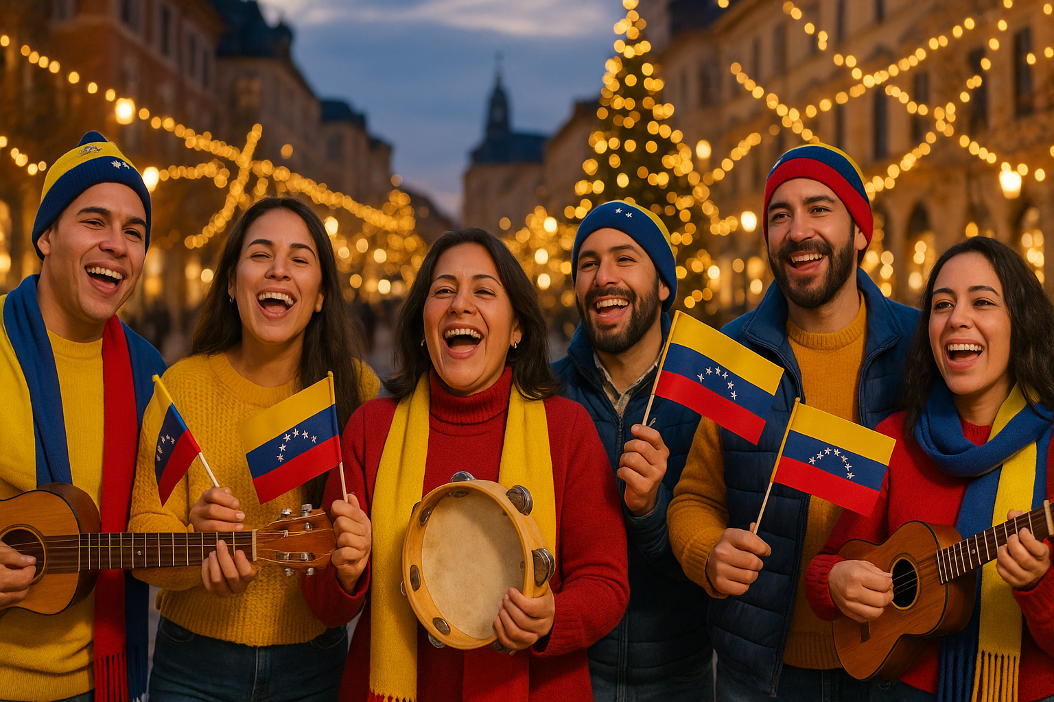 Venezolanos cantando gaitas con cuatros y panderetas en una plaza iluminada