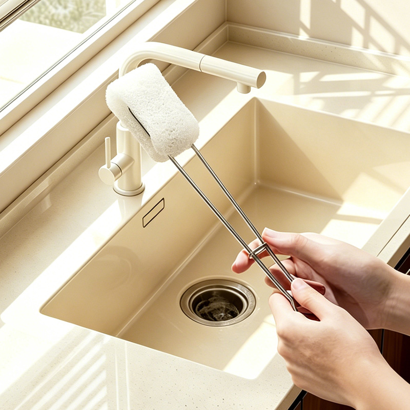 Long-handled stainless steel brush with sponge