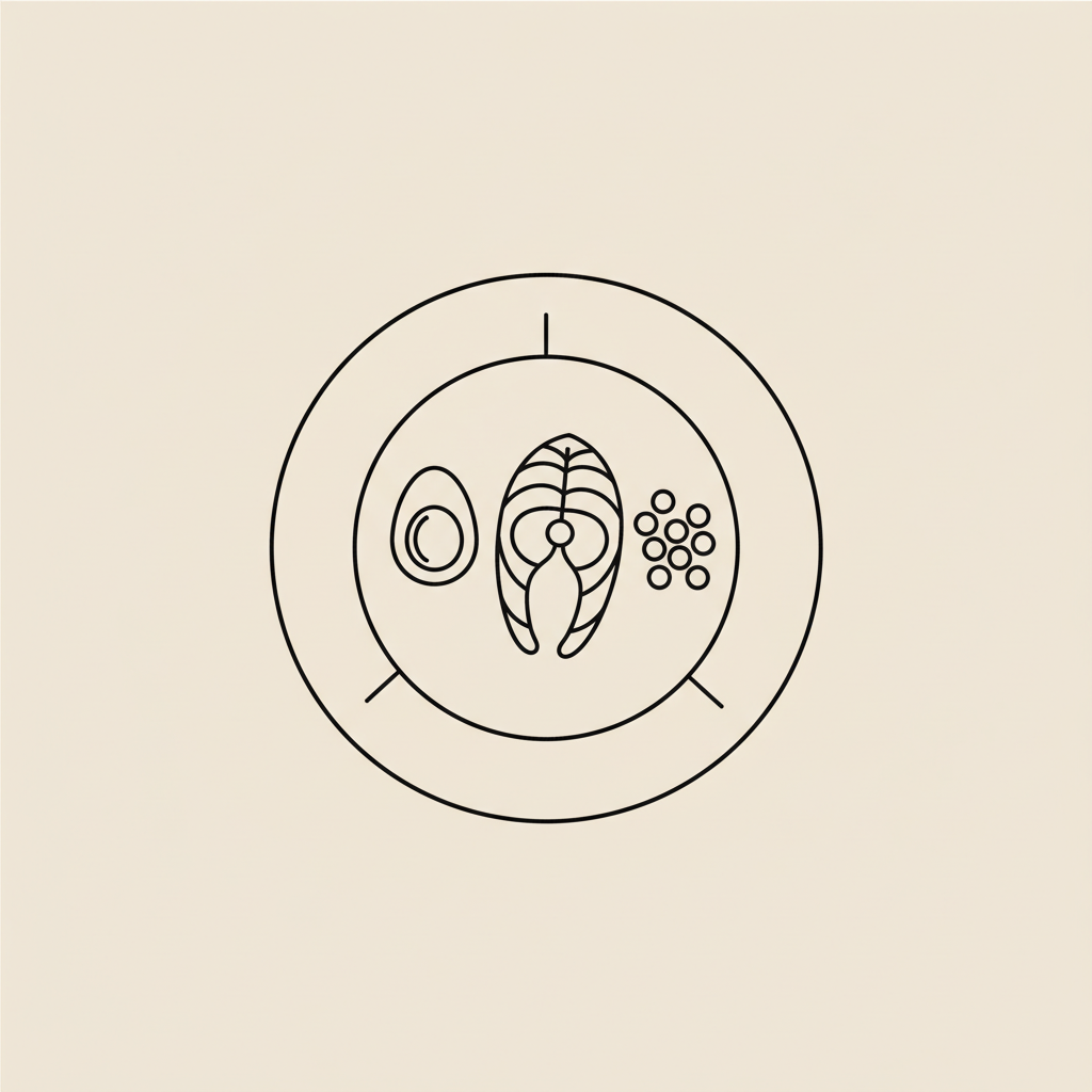 Minimal Tonum-style line illustration of a divided plate with an egg, a fish fillet, and lentils representing protein for belly fat on a beige background.