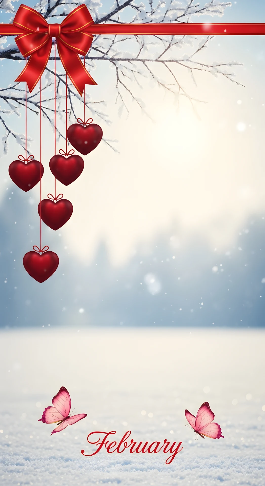 Red Hearts Hanging from Snowy Branches in Winter - Free 4K mobile Wallpaper