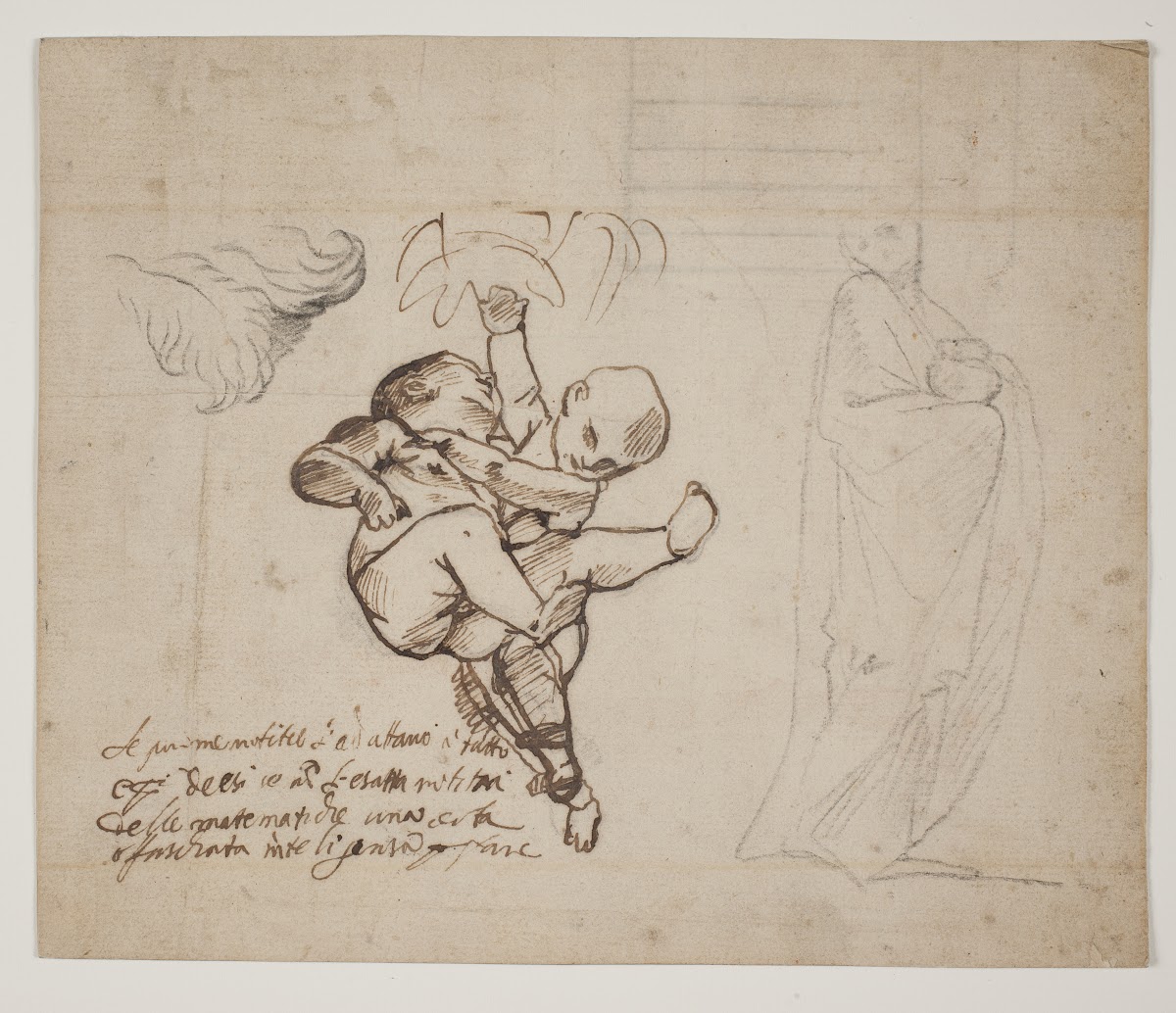 Studie til to legende putti blade og en draperet figur med en urne
