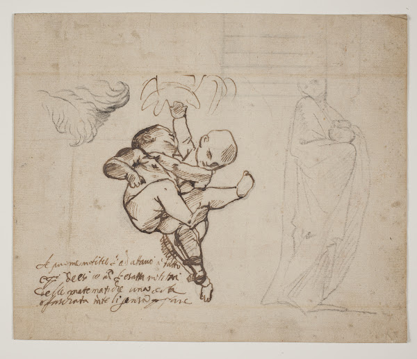 Studie til to legende putti blade og en draperet figur med en urne