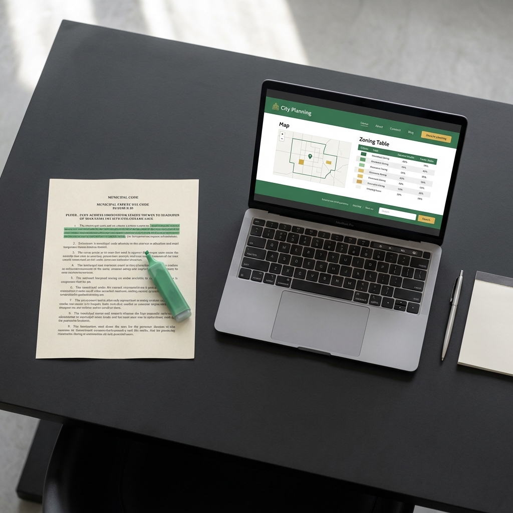 Close up of a municipal code page highlighted next to a laptop showing a city planning website in Finance Police palette how to buy airbnb property with no money