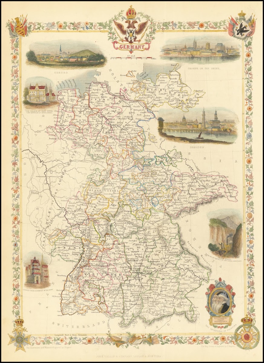 1851 map of Germany excluding most of Austrian and Prussian possessions 1851