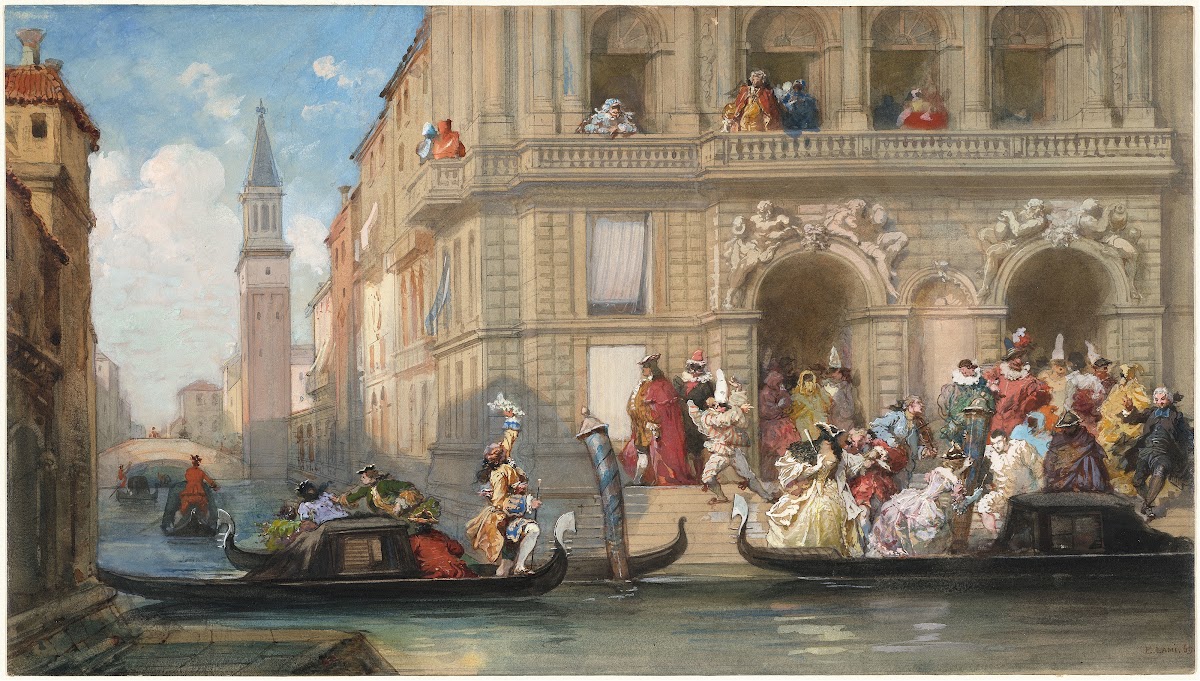 Masqueraders Boarding Gondolas before a Venetian Palazzo 1869