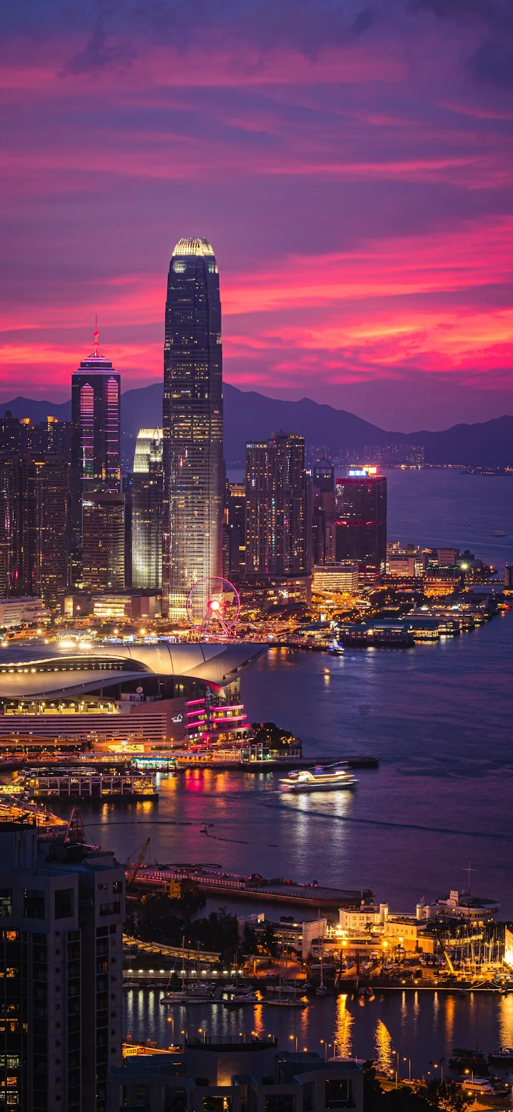 Hong Kong City Sunset Skyline - Urban Night Photography 2K iPhone Wallpaper (1846x3999)