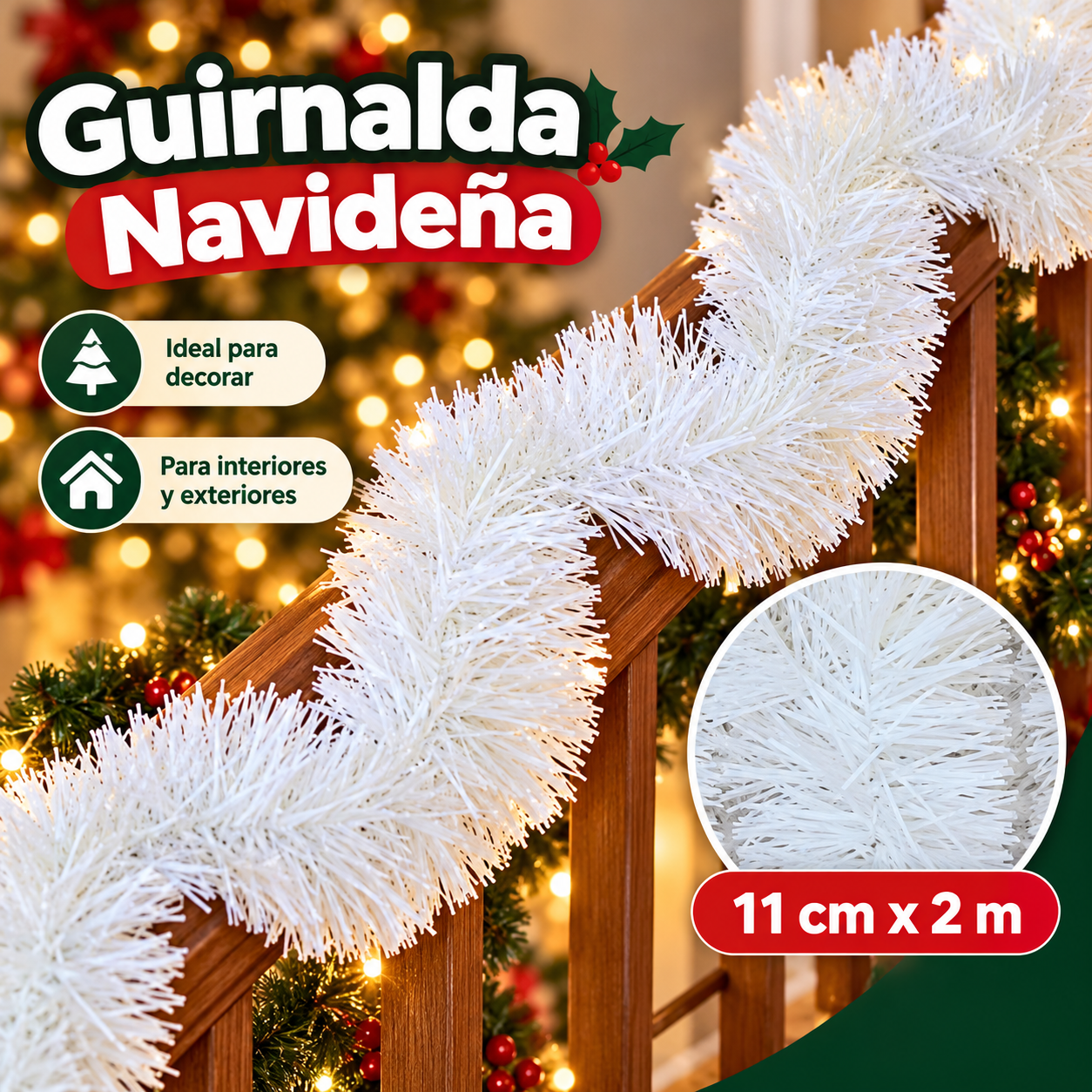 Guirnalda navideña de tinsel blanca tupida 11 cm x 2 m