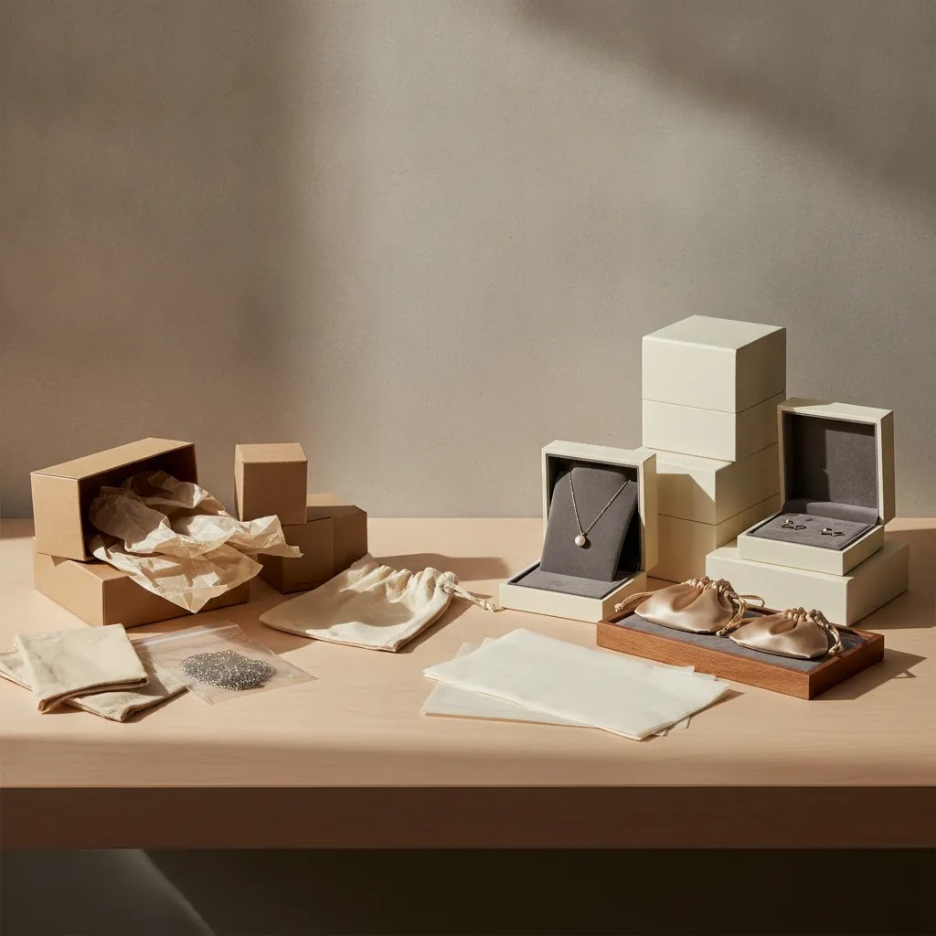 Transforming ordinary packaging extraordinary experiences with premium custom jewelry packaging arranged in a professional editorial flat lay