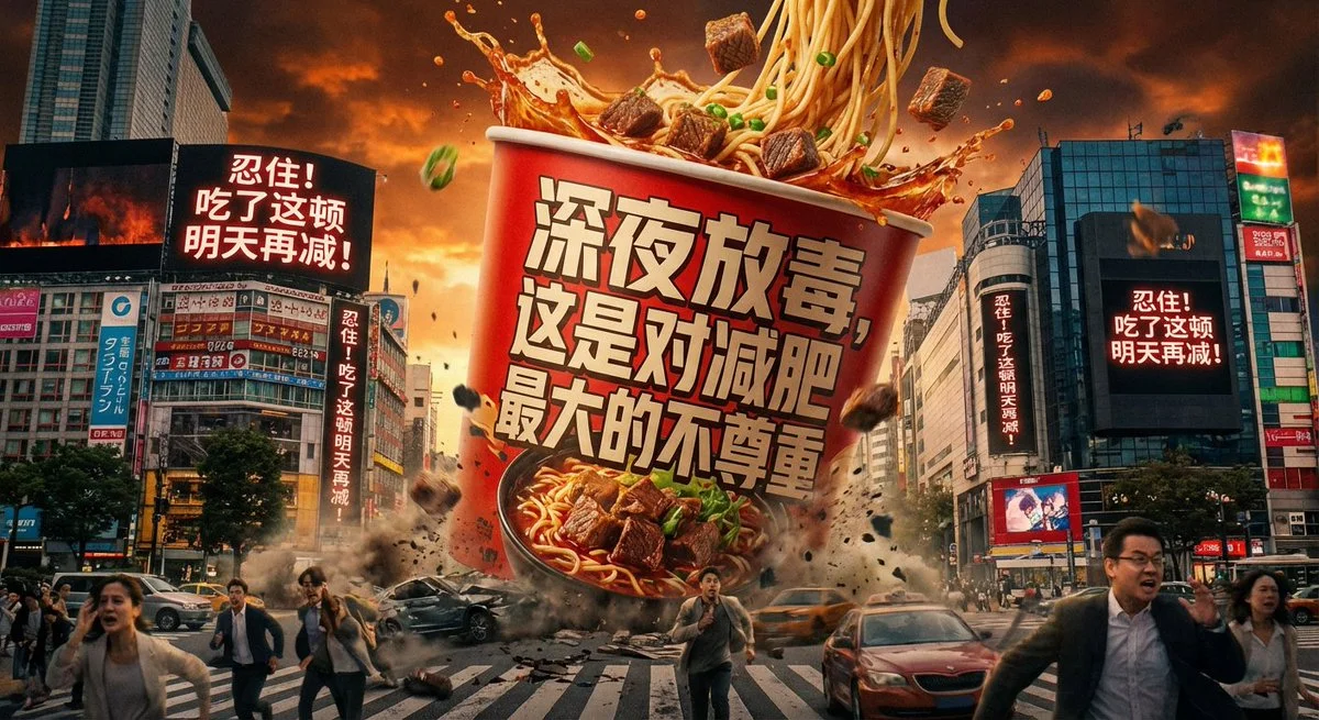 Gigantofobia y la estética de las películas de catástrofes de Hollywood: Un cubo gigante de fideos instantáneos cae en un cruce de caminos muy transitado.