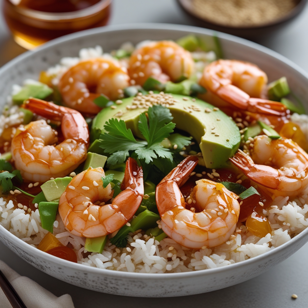 Final Honey Sriracha Shrimp Rice Bowl with Crispy Garlic & Avocado