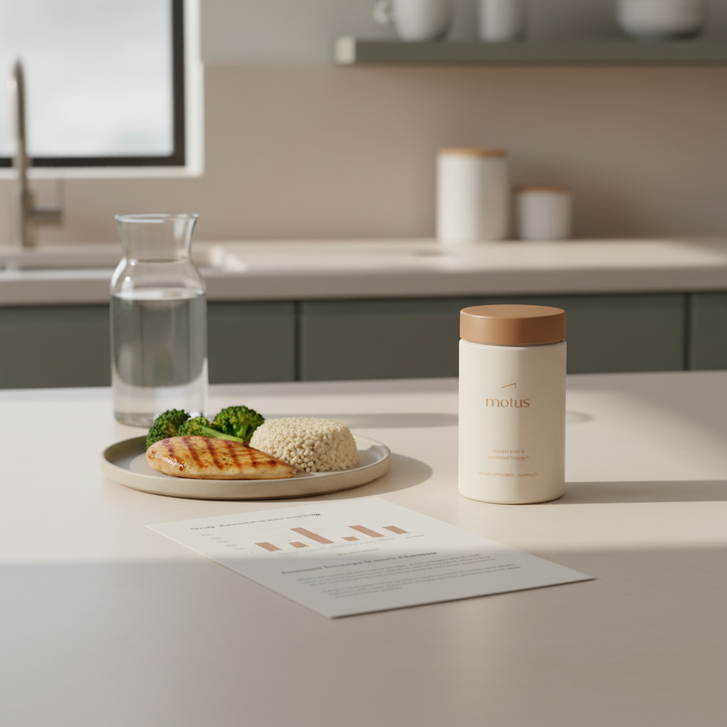 Motus supplement jar on a minimalist kitchen counter beside a balanced meal and folded research summary, most powerful weight loss drug